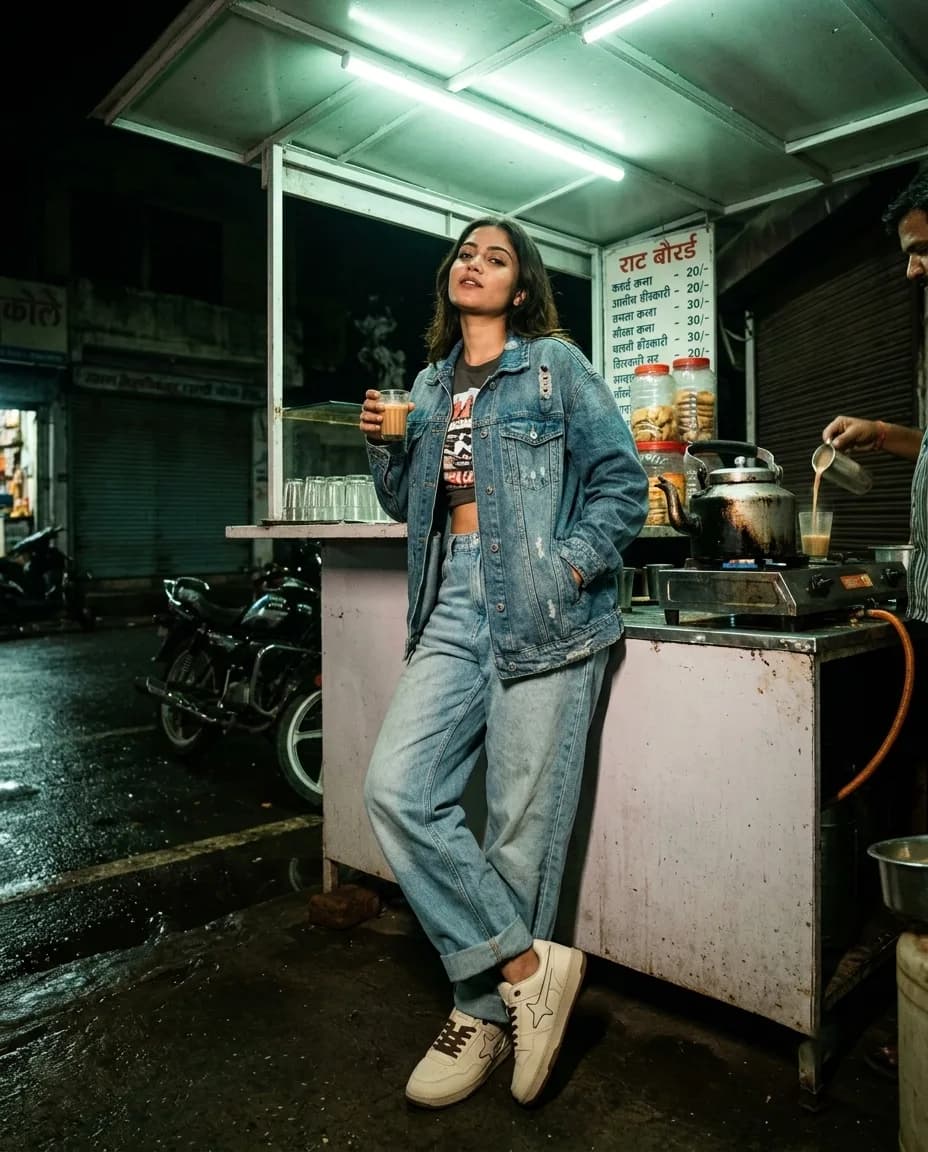 A woman with chai at a night tea stall lit by fluorescent tubes, white Comet sneakers