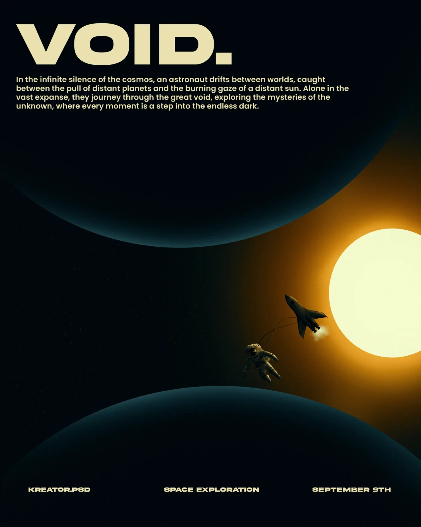 VOID — a lone astronaut drifting between dark planets toward a distant sun