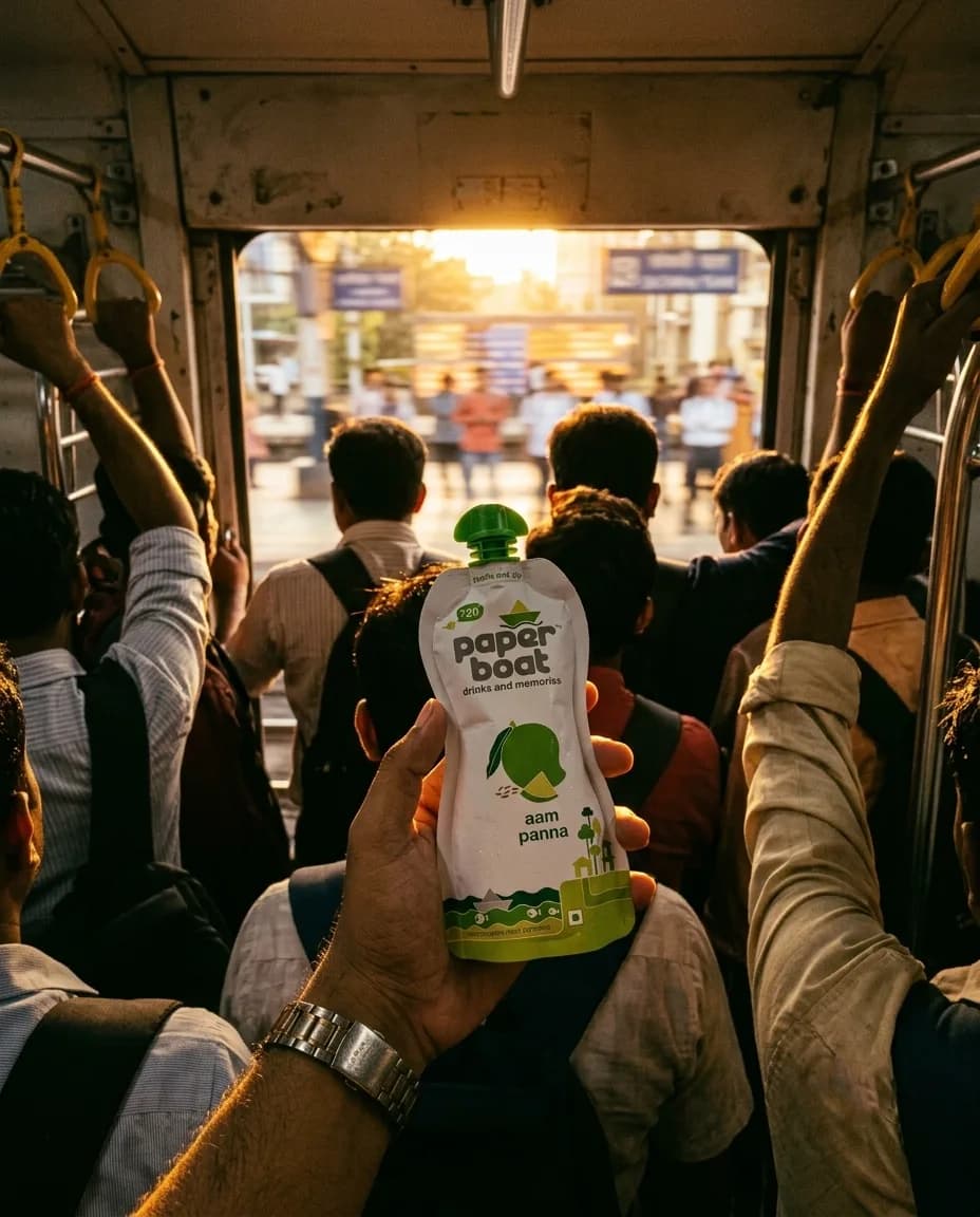 A crowded local train at sunset with a Paper Boat Aam Panna pouch held up at the open door