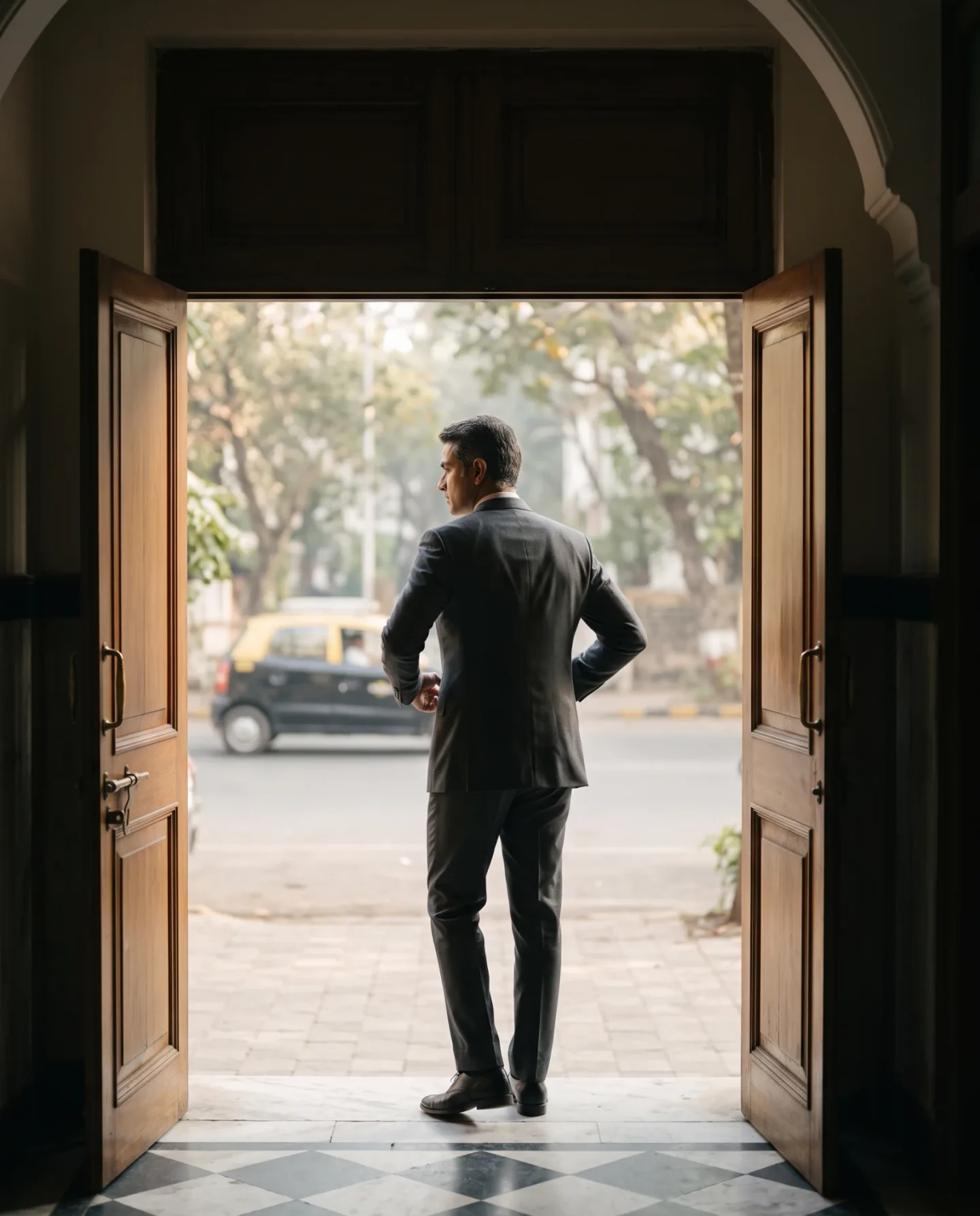 A man in a tailored suit seen from behind, standing in a grand doorway looking out at a Mumbai street