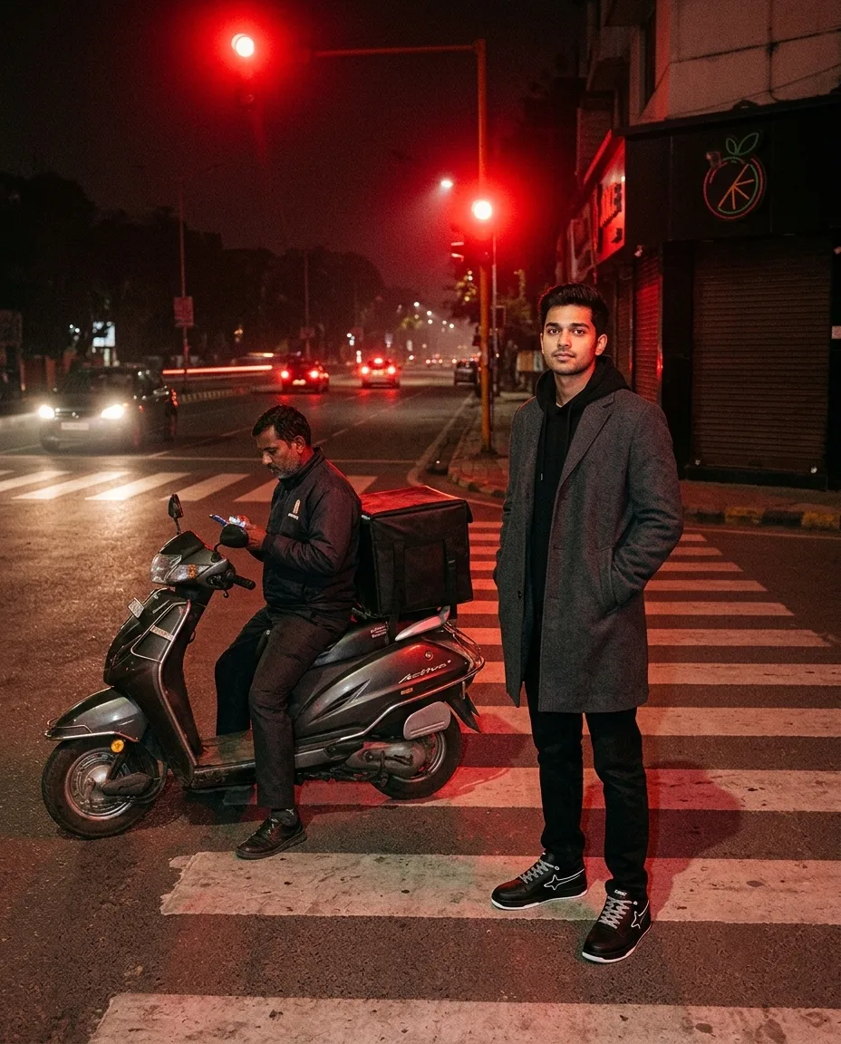 A young man in Comet sneakers at a night intersection under a red traffic signal
