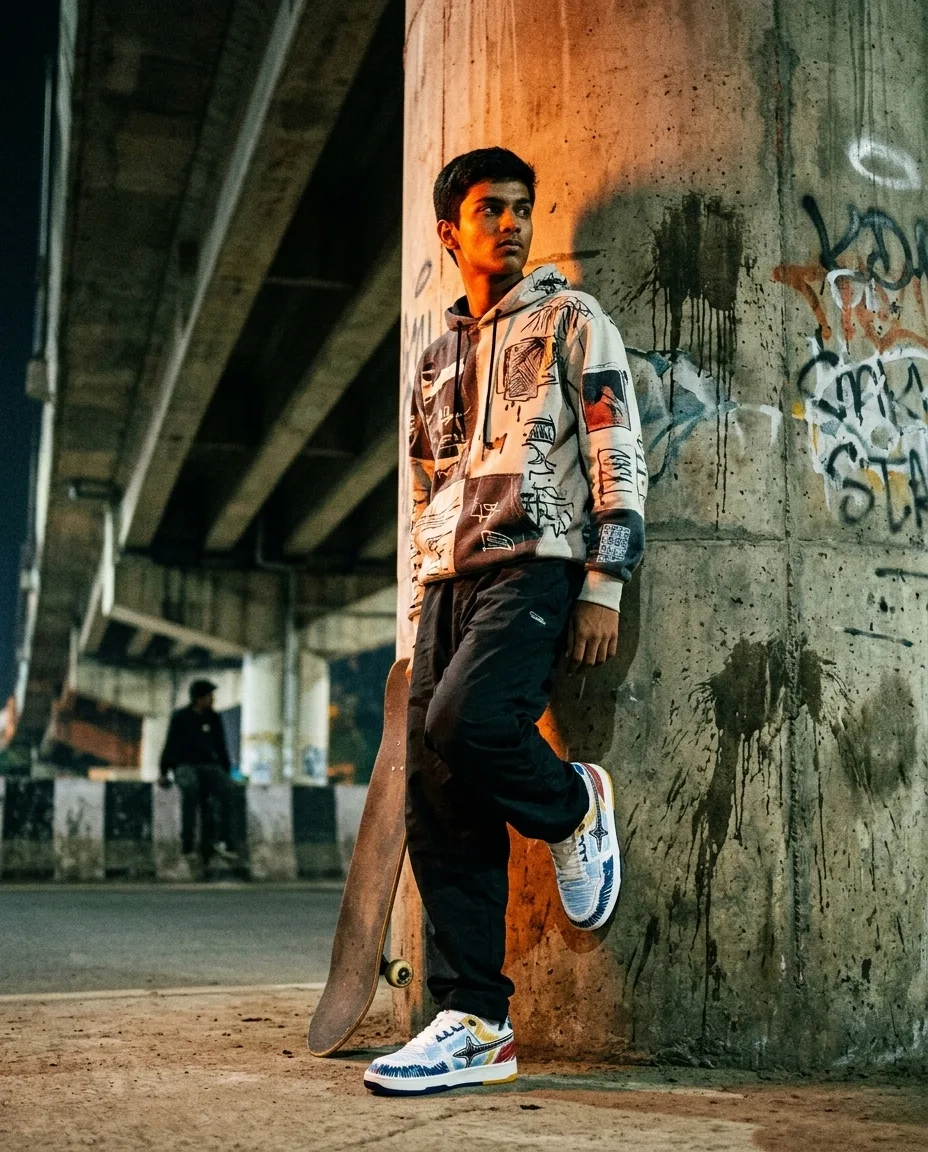 A skater leaning on a graffitied flyover pillar at night, lit by sodium light