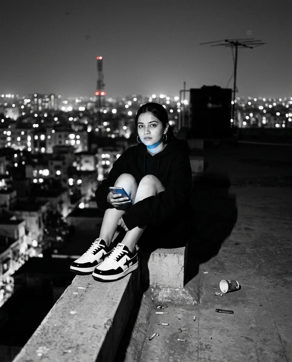 A woman on a rooftop parapet at night, city lights bokeh behind and a phone glowing