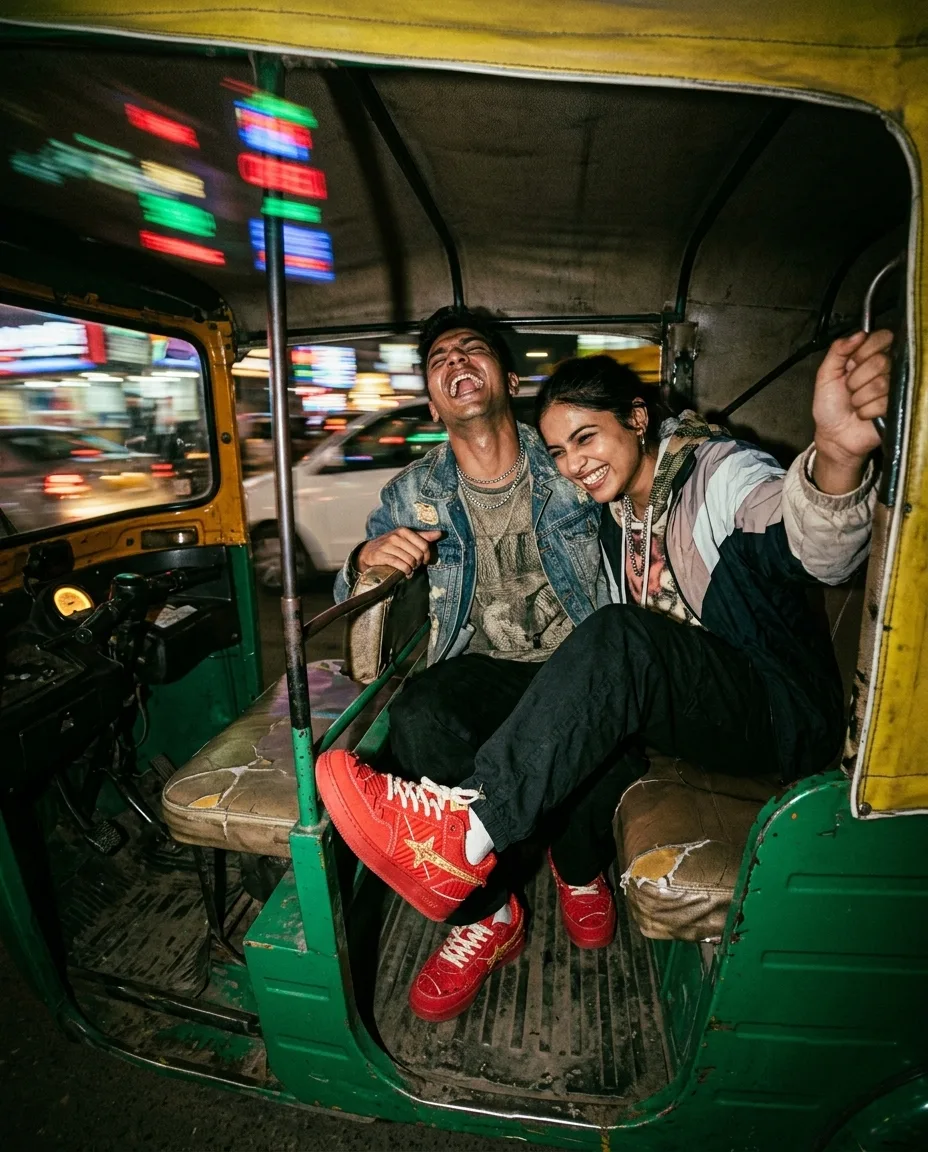 A couple laughing in an auto-rickshaw at night with neon motion blur outside and red Comet sneakers