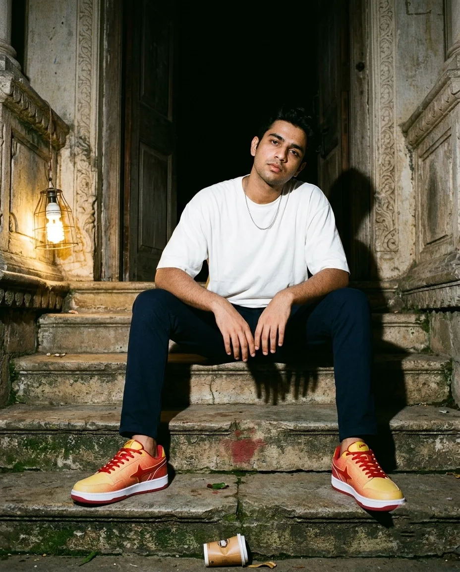 A man on old stone steps at night beside a caged bulb, red and yellow Comet sneakers