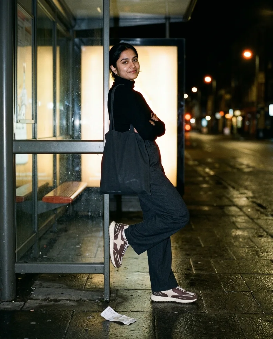 A woman leaning against a backlit bus-shelter panel at night, brown Comet sneakers