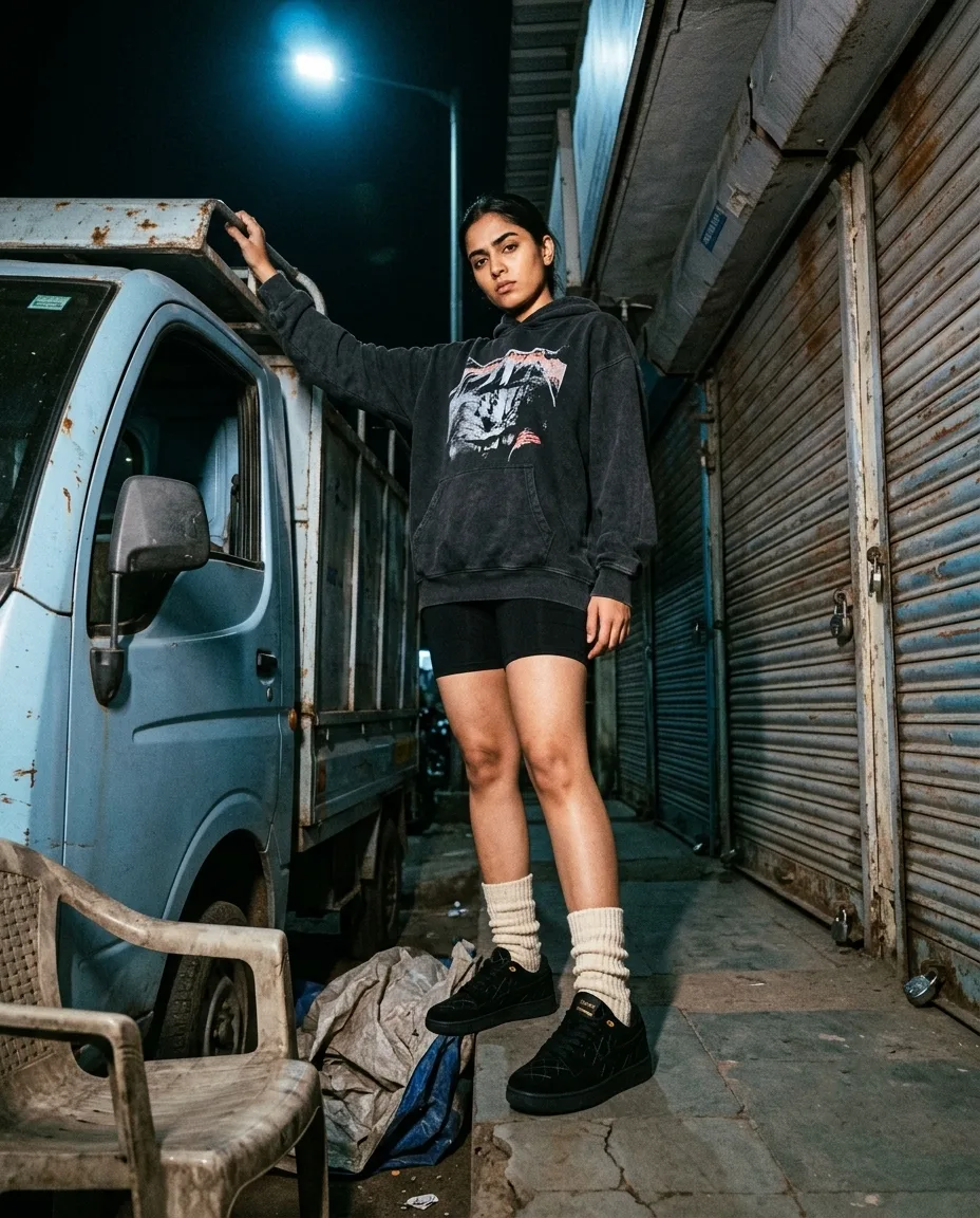 A woman in a night alley of shuttered shops under a streetlight, black Comet sneakers