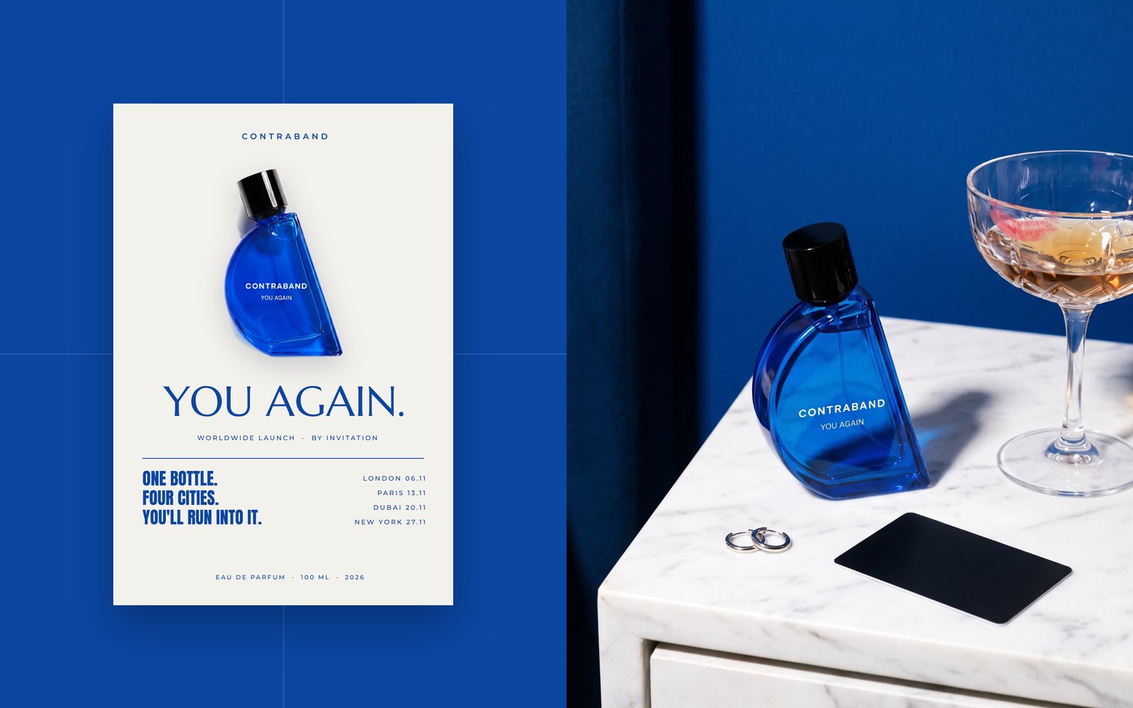 A cream invitation card with the You Again bottle, the line YOU AGAIN. and four launch dates, beside the still life.