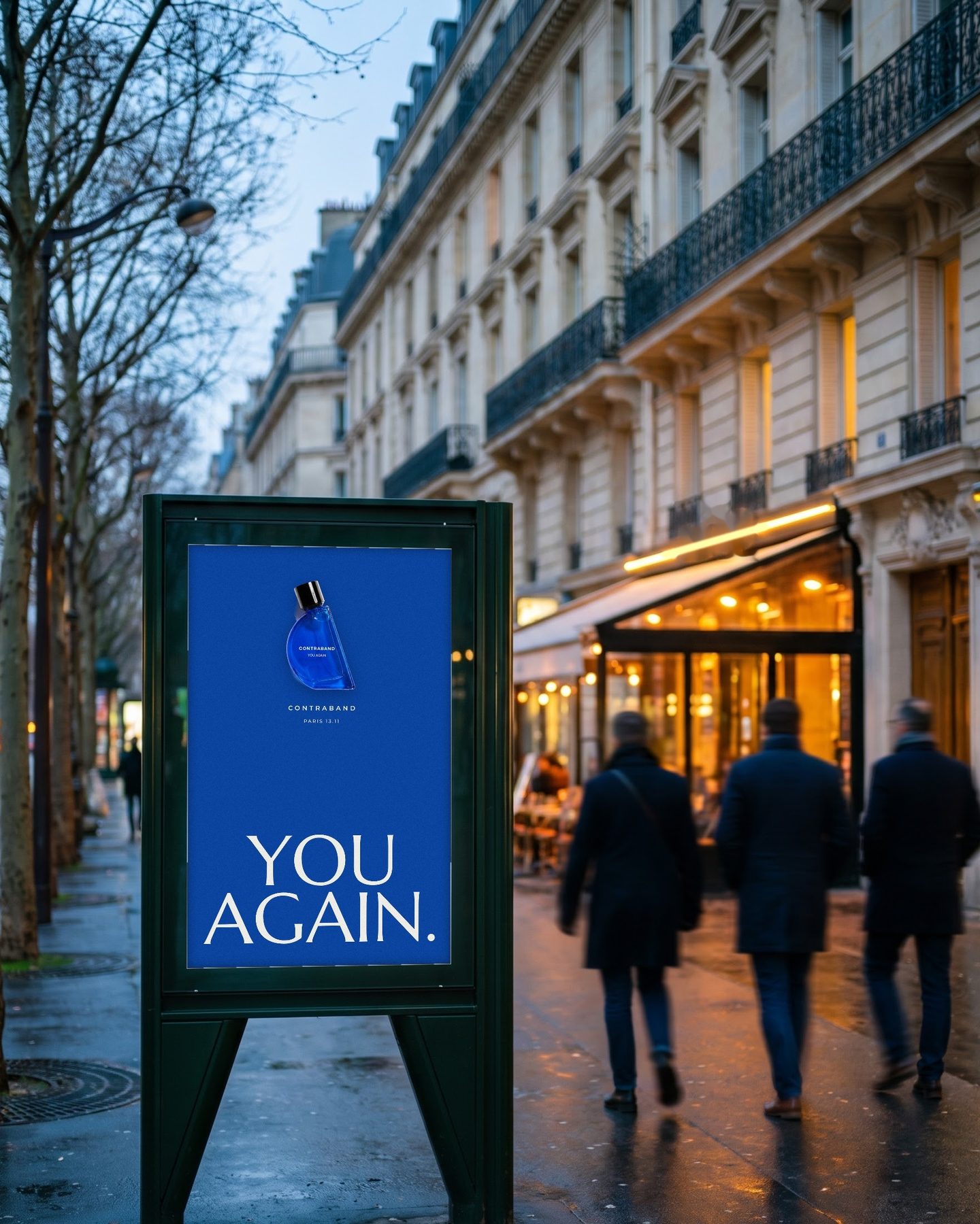 A Paris street panel at blue hour shows the You Again bottle on cobalt with YOU AGAIN. below.