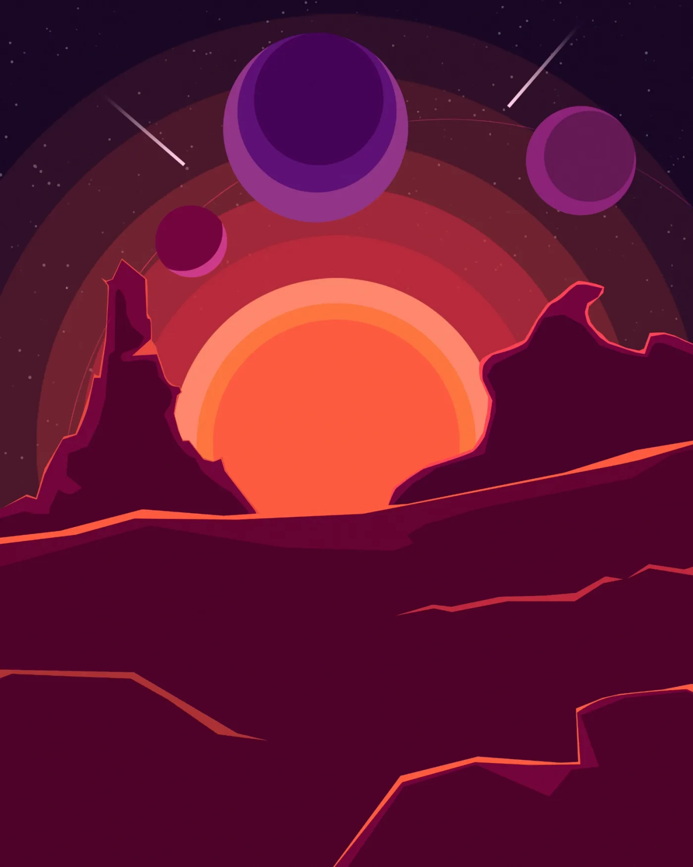 First Light — a banded sun rising between rim-lit mountains under layered planets, flat-vector illustration