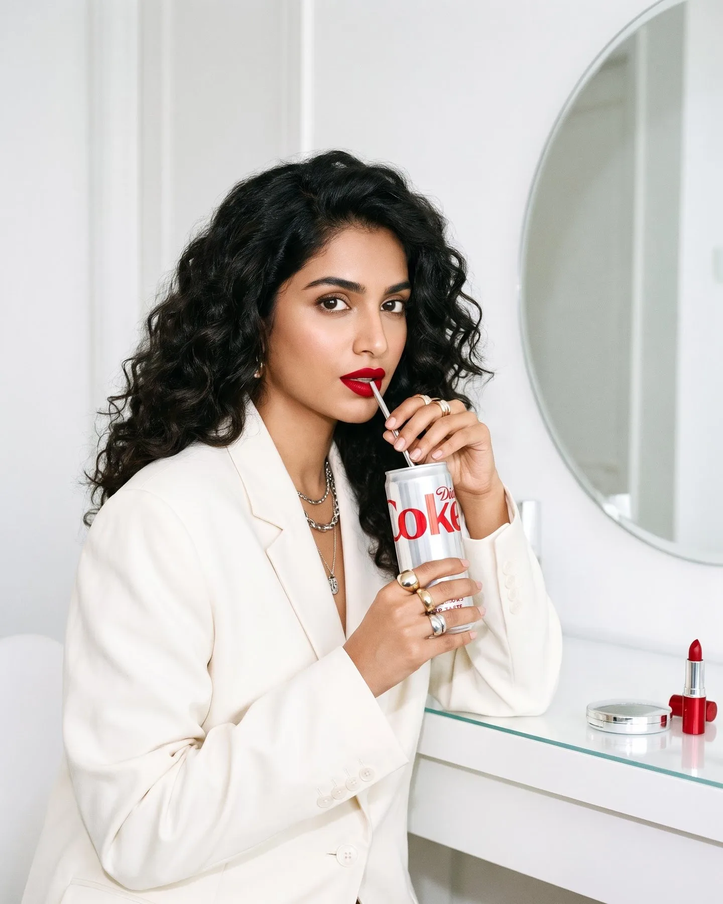 A woman in an ivory blazer at a white vanity sips from the can through a silver straw.