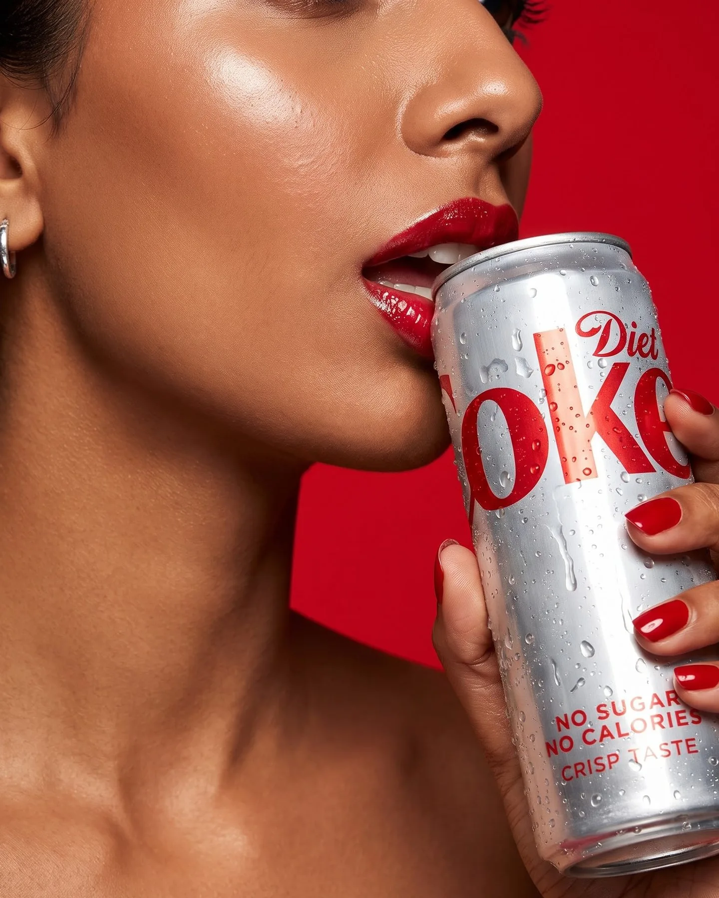 Close-up of red lips sipping from a cold Diet Coke can against a red background.