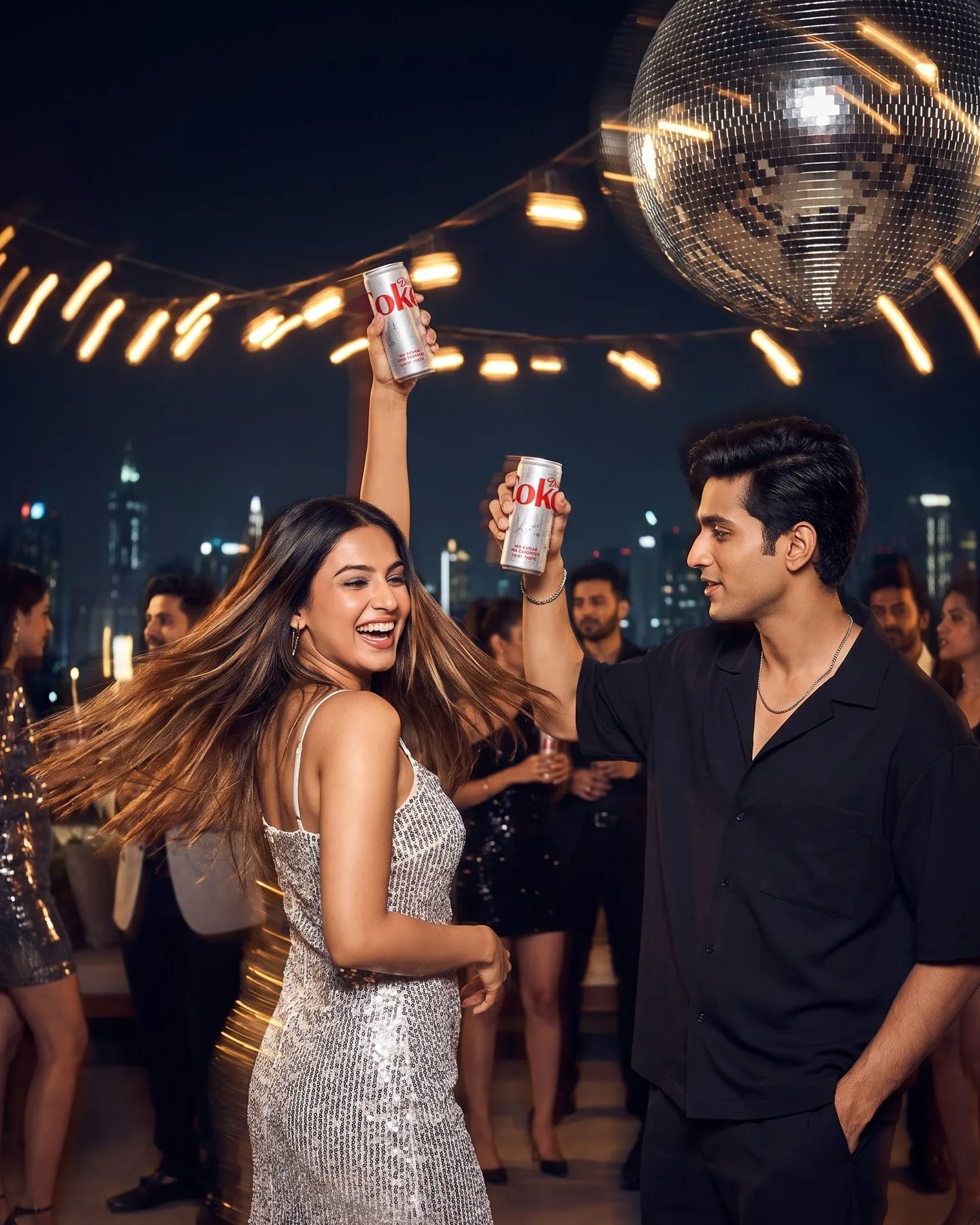 On a rooftop at night under a disco ball, a woman in silver sequins and a man in black raise their cans.