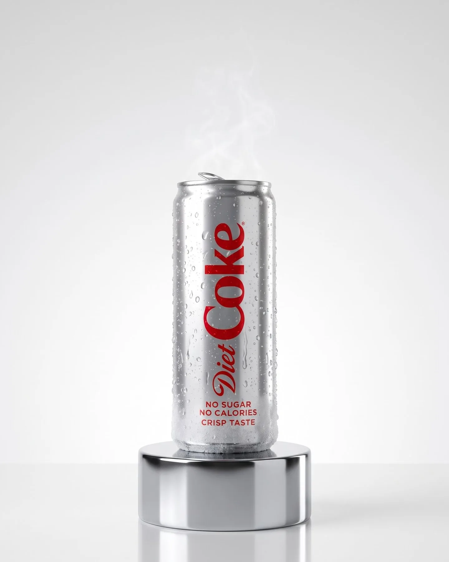 A single cold Diet Coke can on a chrome plinth against white.