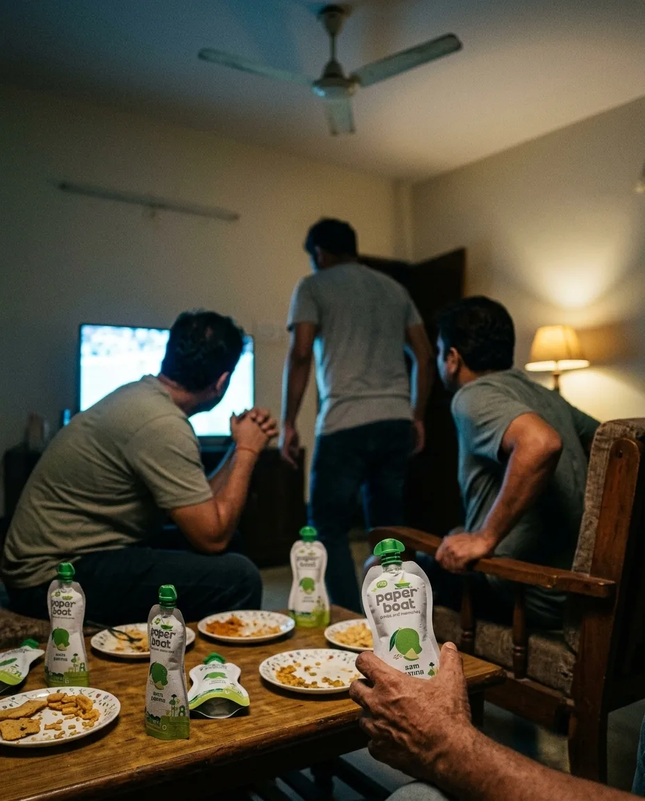 Friends watching a cricket match in a living room, Paper Boat Aam Panna pouches on the table