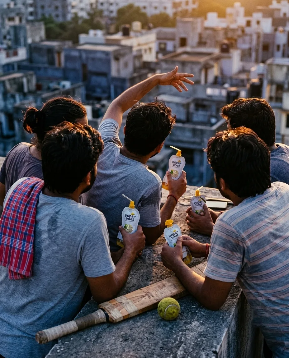 A rooftop adda at dusk, friends with a cricket bat looking out over the city with Paper Boat pouches