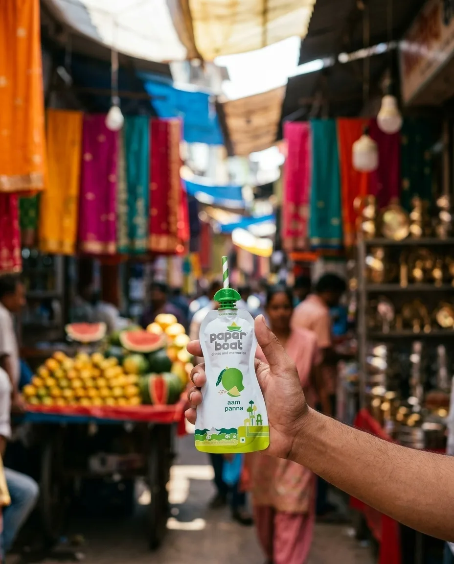 A hand holding a Paper Boat Aam Panna pouch in a colourful Indian bazaar