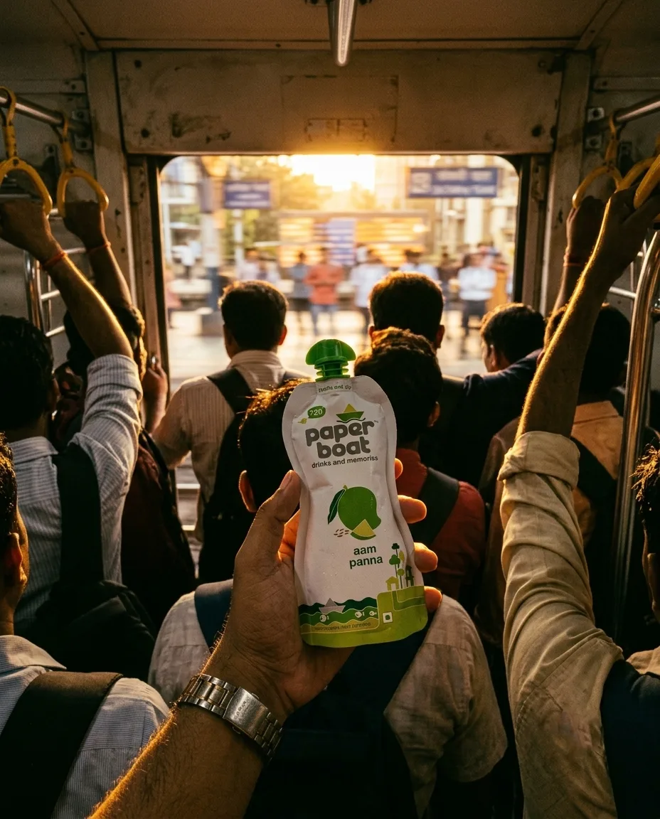 A crowded local train at sunset with a Paper Boat Aam Panna pouch held up at the open door
