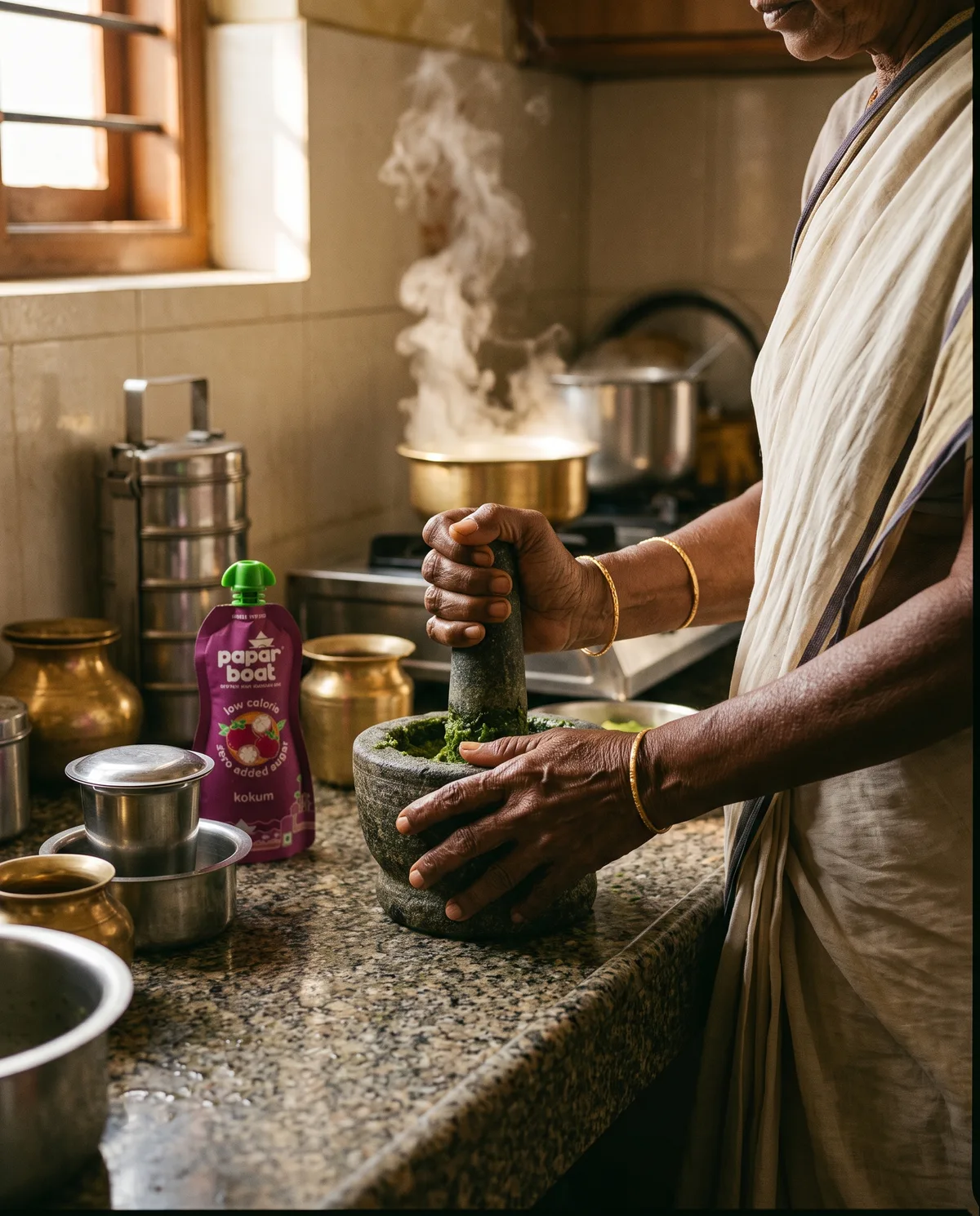 A grandmother grinding chutney in a stone mortar in a traditional kitchen, a Paper Boat Kokum pouch on the counter