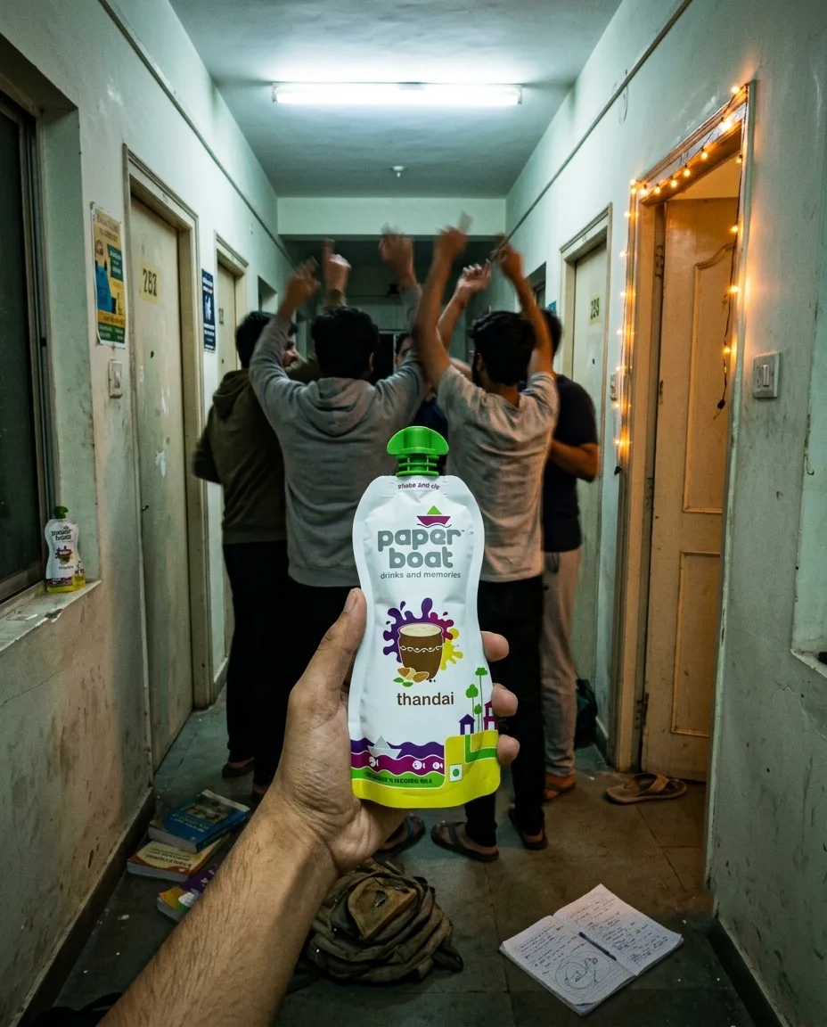 Students celebrating in a hostel corridor, a Paper Boat Thandai pouch held up