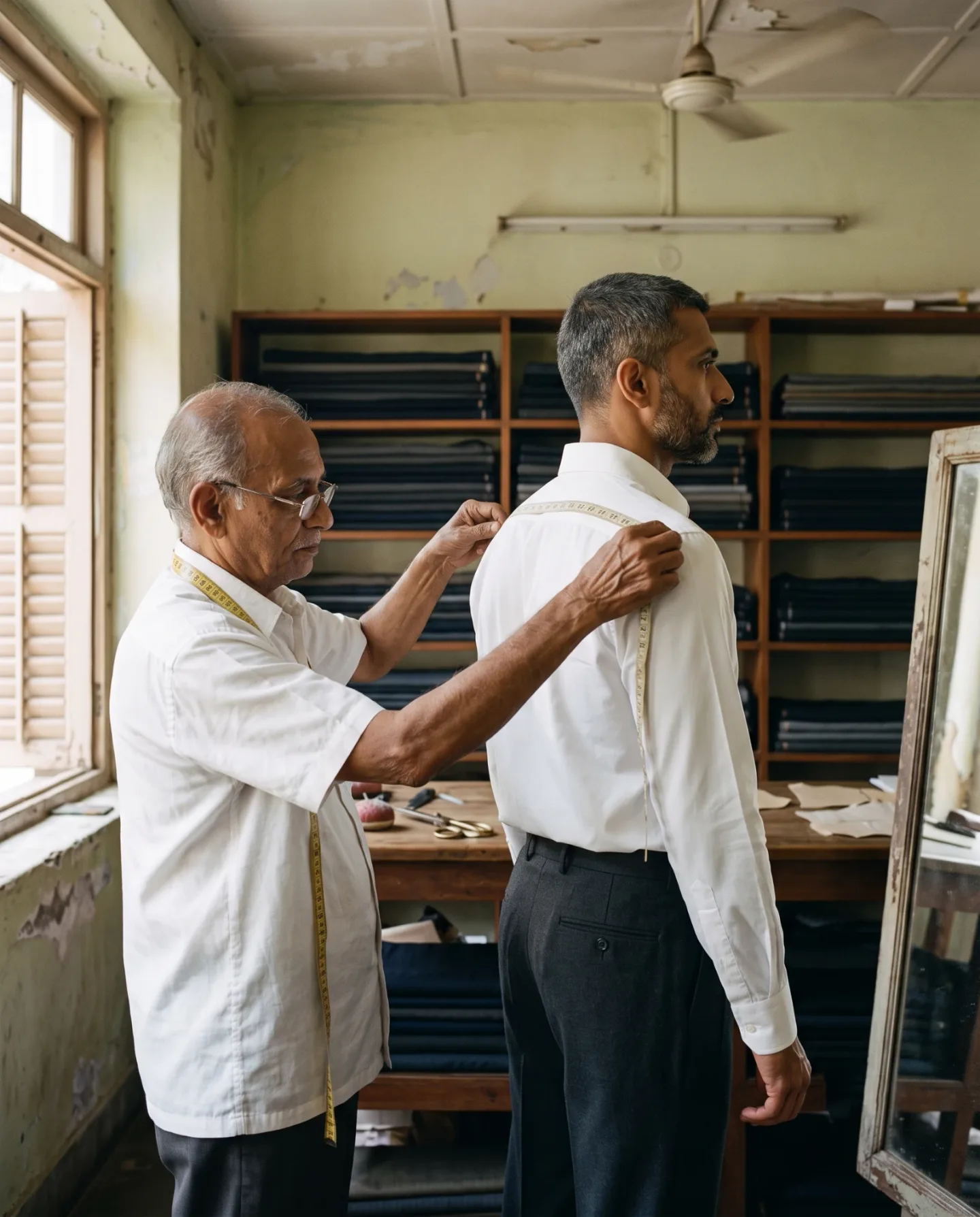 An older tailor measuring the shoulders of a man in a white shirt in a worn tailoring workshop