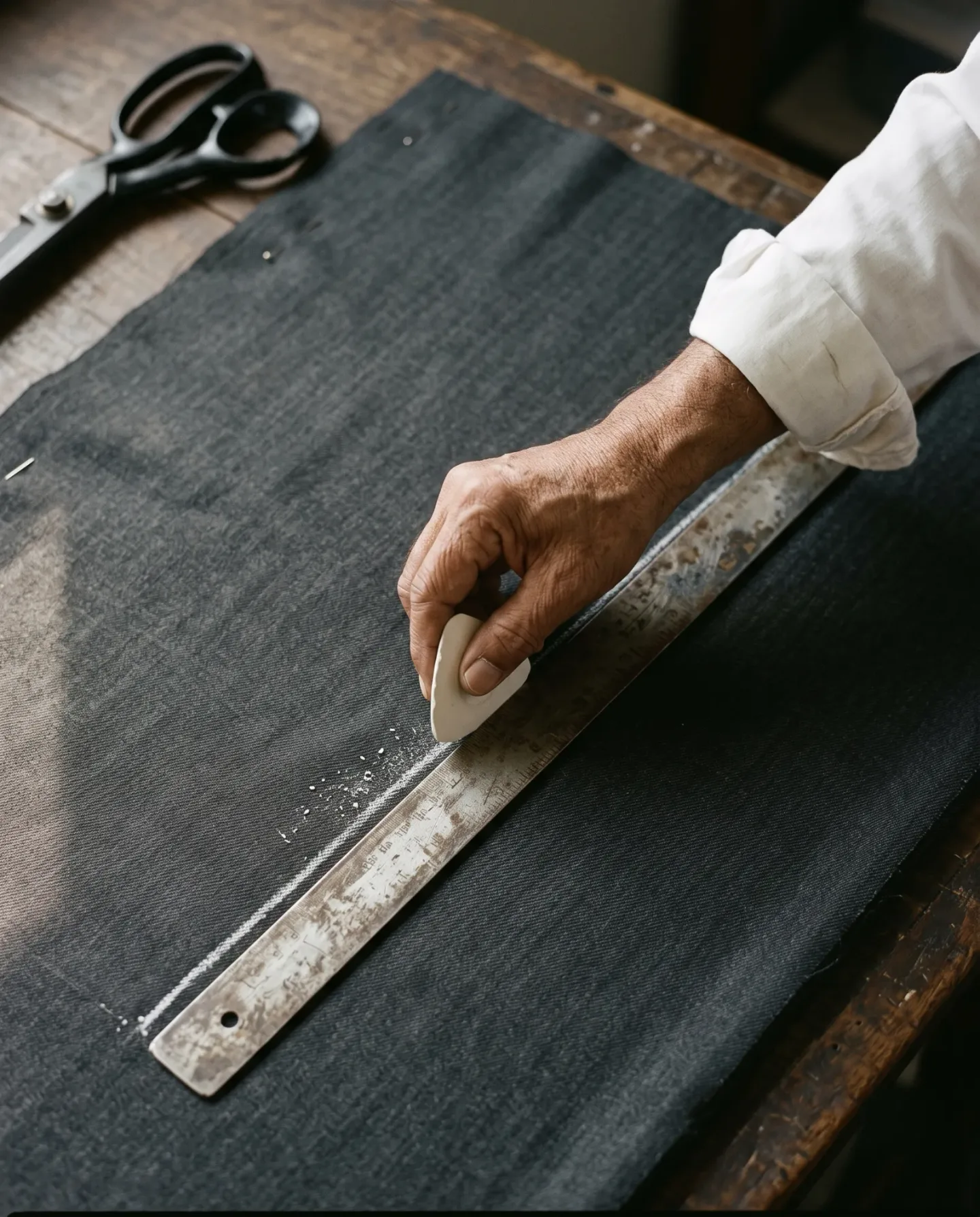 A tailor's hand drawing a chalk line along a steel rule on dark charcoal suiting cloth
