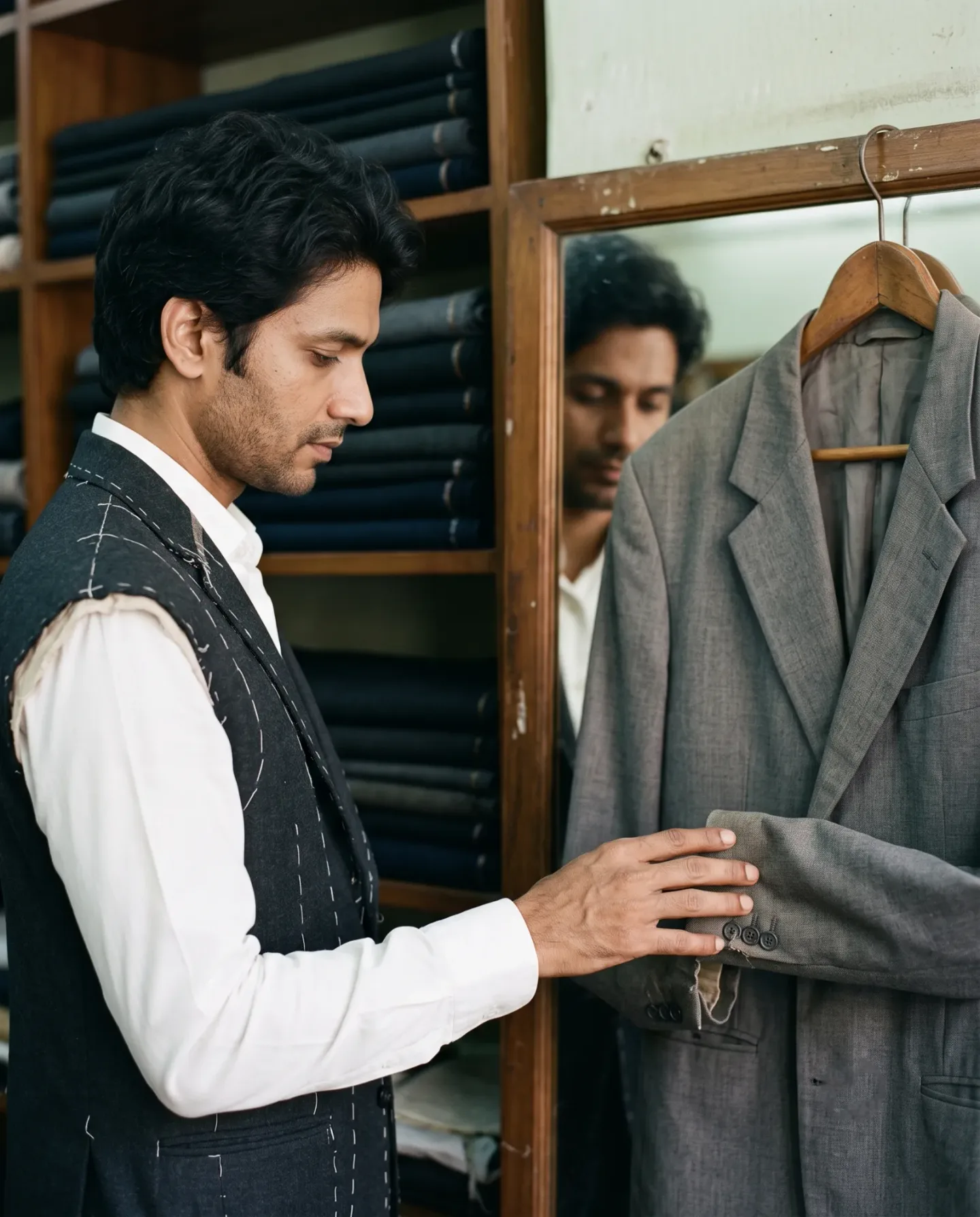 A young tailor in a half-stitched vest studying a grey jacket on a wooden hanger
