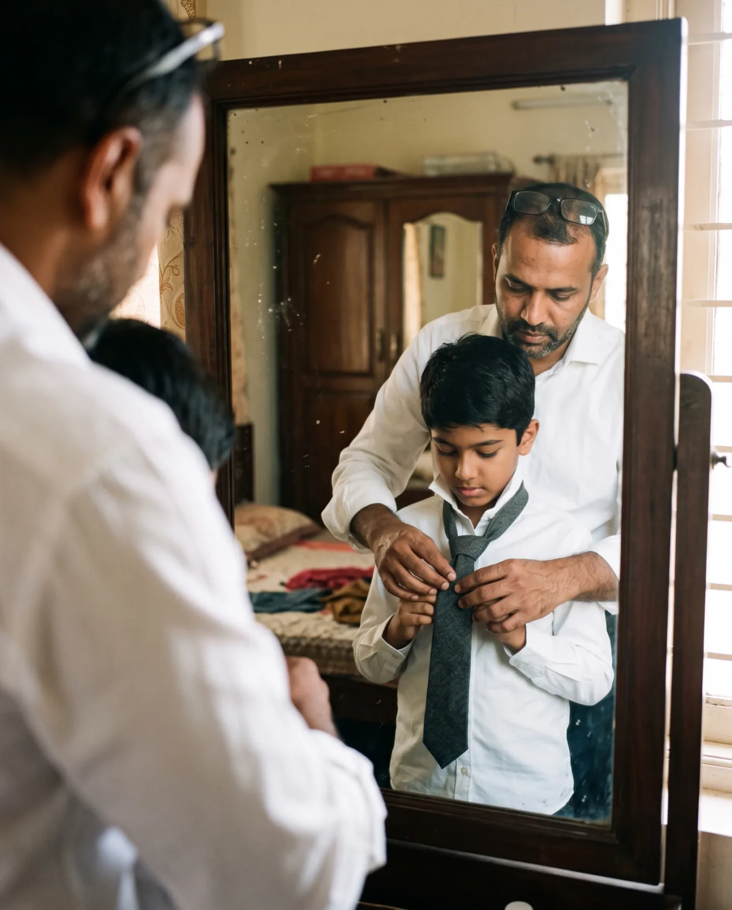 A father standing behind his young son at a clouded mirror, helping him knot a tie