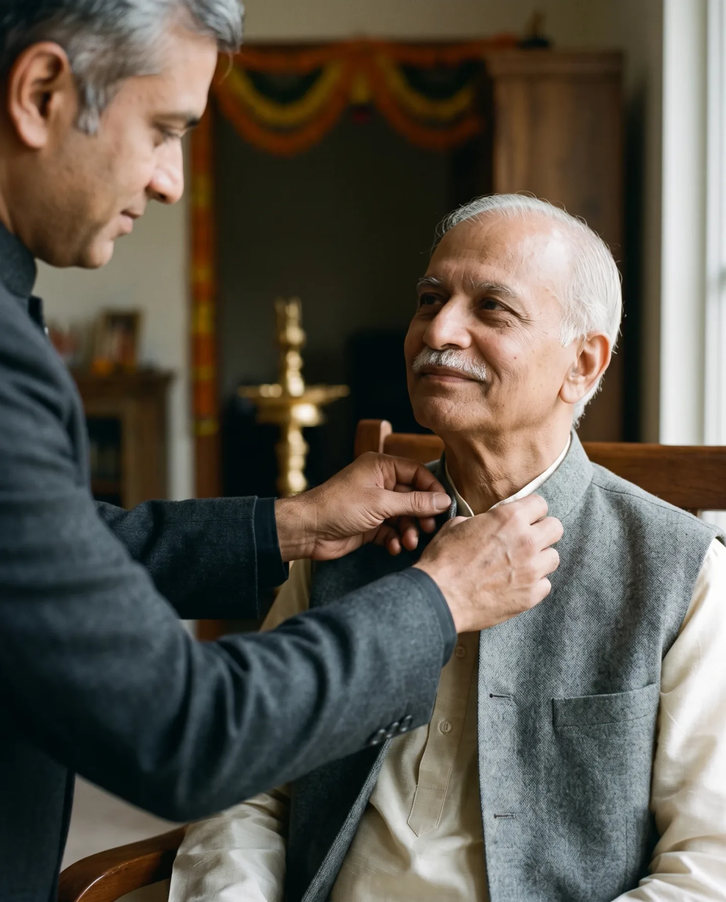 A man gently straightening the collar of his elderly father, seated by a window at home