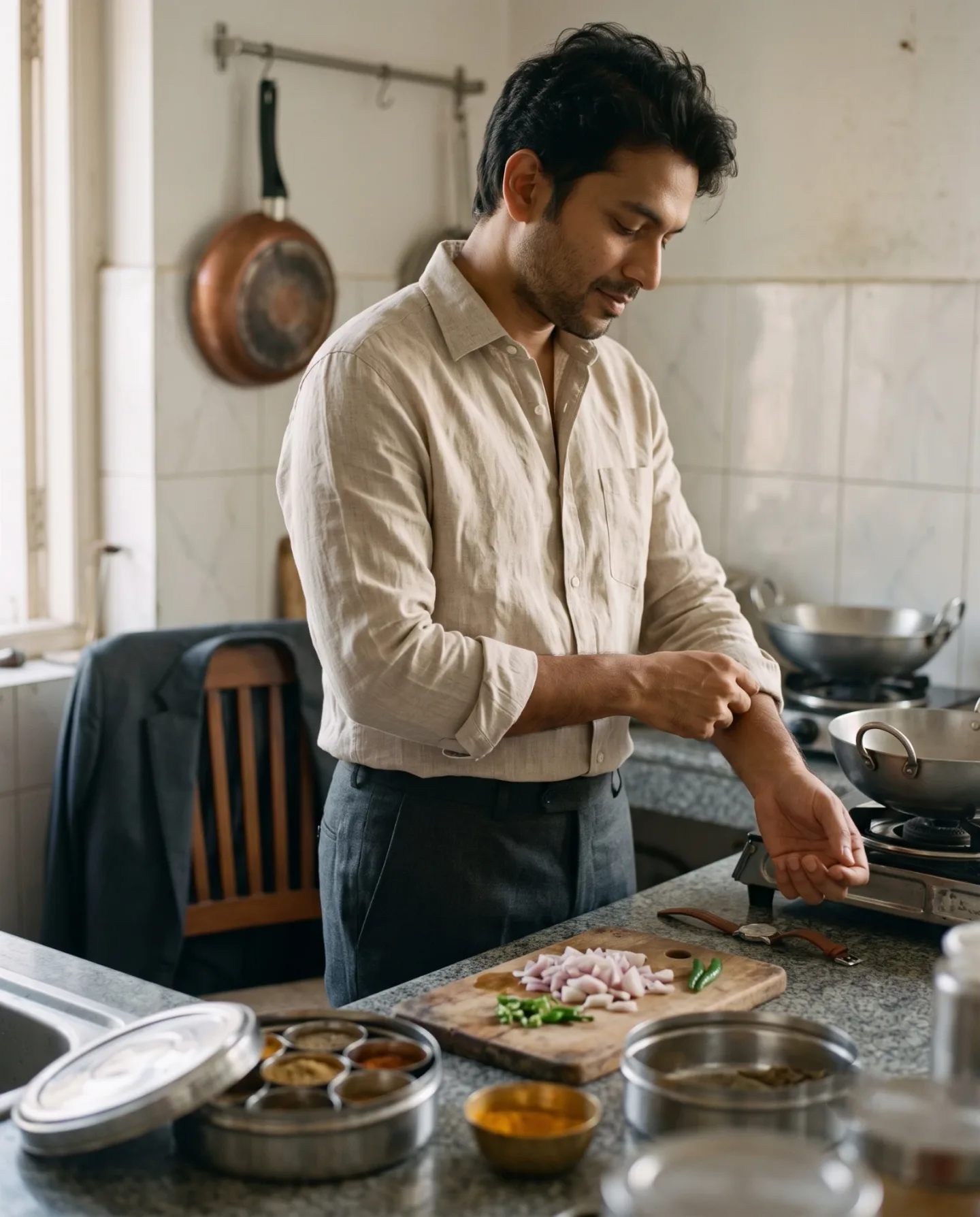 A man rolling up his sleeve to cook at a stove, his suit jacket waiting on the chair behind him