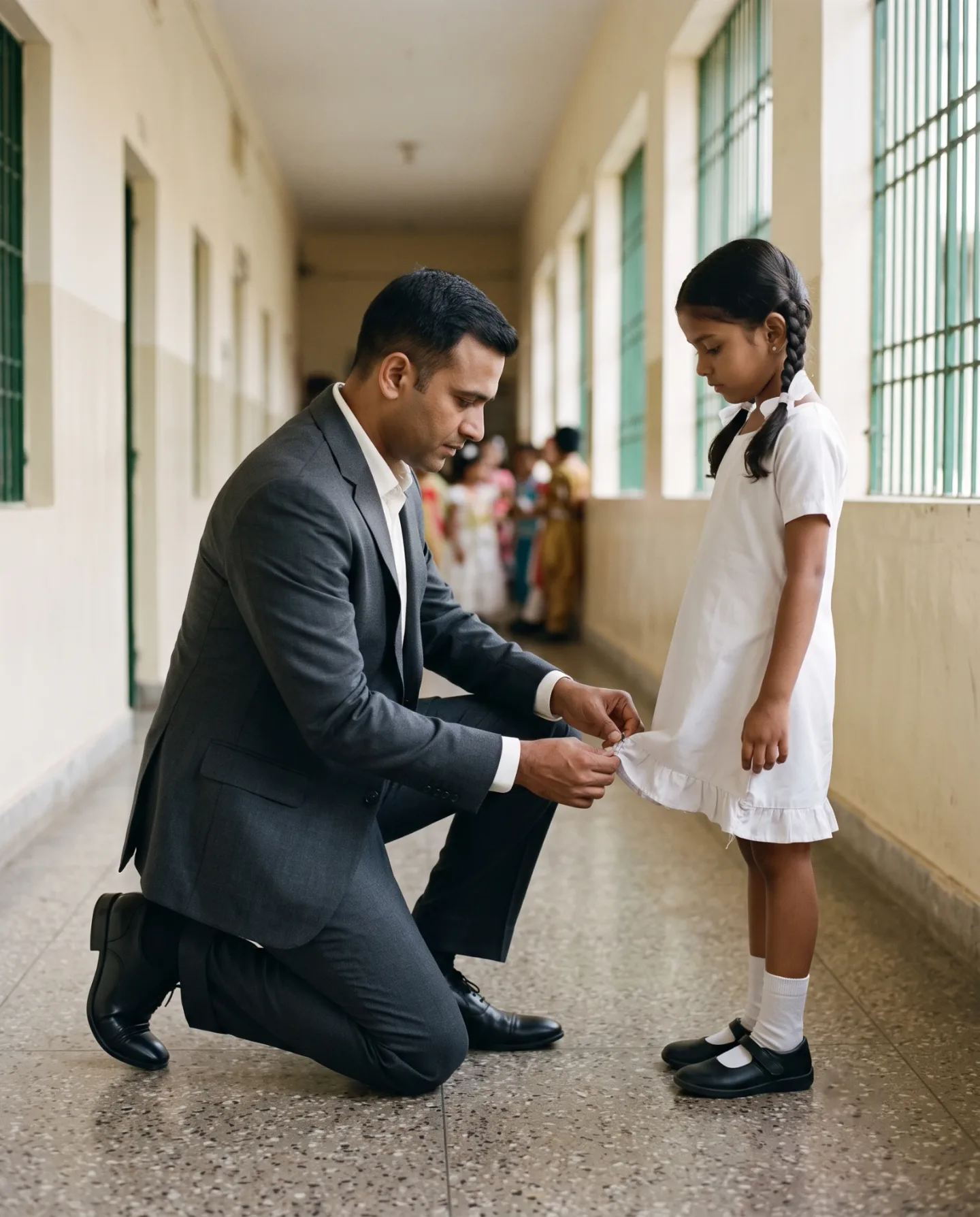 A man in a grey suit kneeling in a school corridor to fix the hem of a girl's uniform